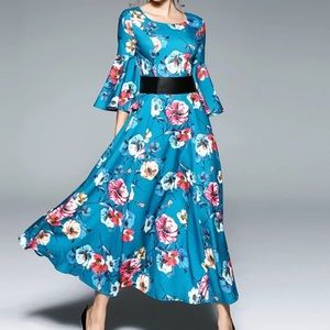 Floral maxi dress aline teal green size medium